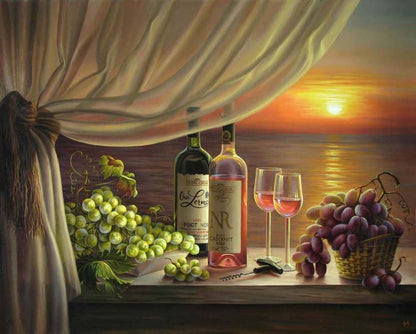 Paint by Numbers for Adults: Evening by the Sea, 40x50 cm, DIY Oil Acrylic Canvas Picture, Decoration, Wine, Mediterranean Style, Unframed, 1 Piece