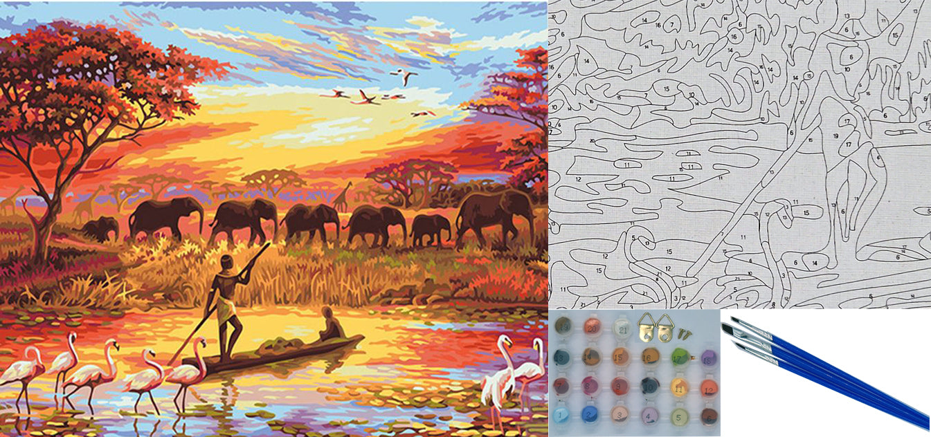 Malen nach Zahlen Erwachsene Steppe Afrika 40x50 cm Paint by Numbers DIY Öl Acryl Leinwand Bild Dekoration Elefanten Tiere ohne Rahmen 1 Stück