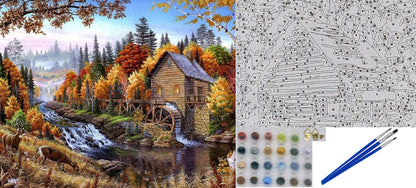 Paint by Numbers for Adults: Mill by the River, 40x50 cm, DIY Oil Acrylic Canvas Picture Decoration, Mill without Frame, 1 Piece