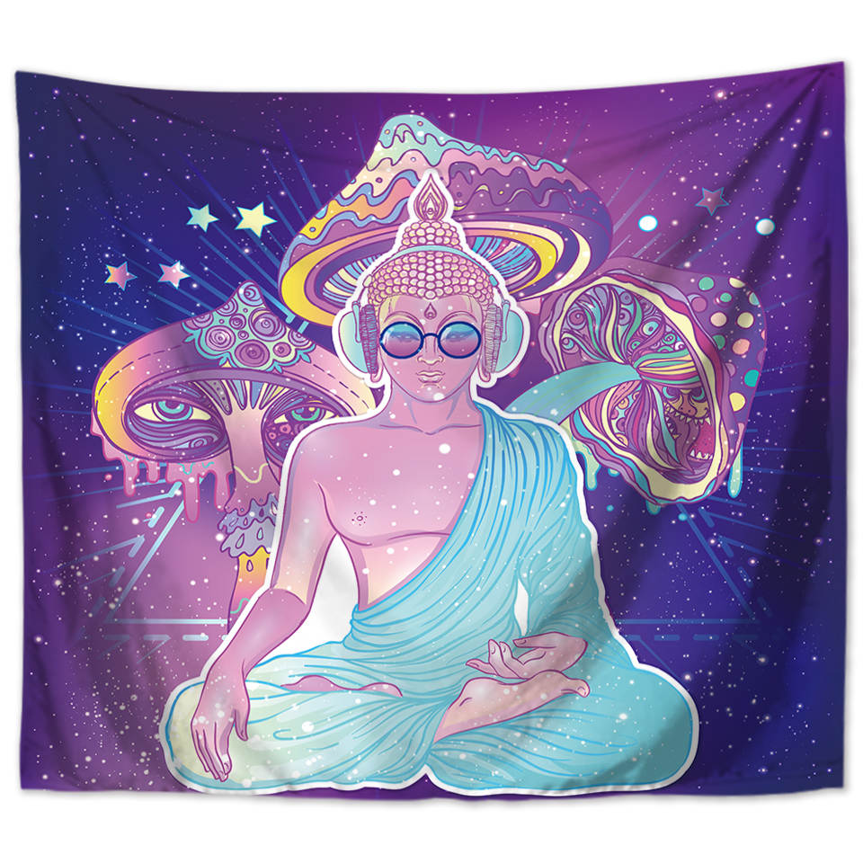 Wandbehang Psychedelic Funky Buddha Pilze 150x125 cm Polyester Wandtuch Wandteppich Hippie Tapisserie 