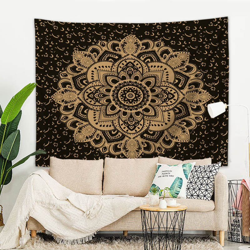 Wandbehang Mandala indisch 150x125 cm Schwarz Polyester Wandtuch Wandteppich Tapisserie 